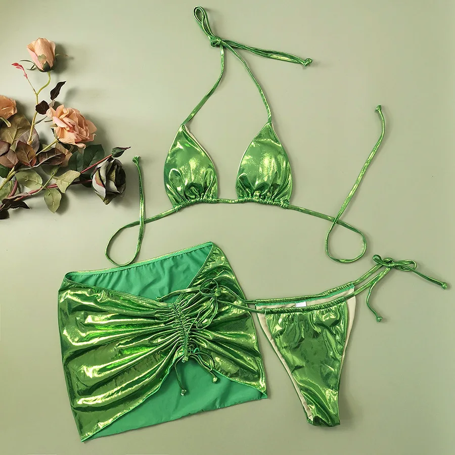 Green Shiny 3 Piece Bikini Set with Cover Up Micro Thong Sexy Swimsuit Women 2024 String Halter Swimwear Beachwear Bikinis Mujer