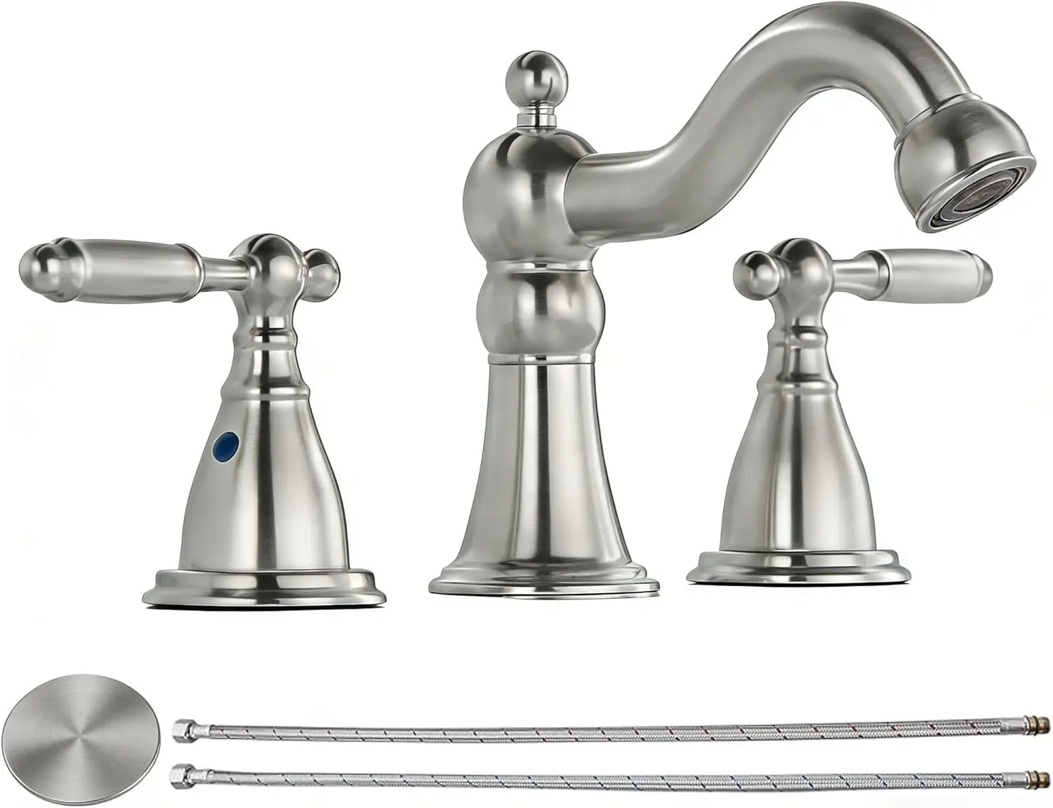 

Brushed Nickel 8-Inch Widespread Bathroom Sink Faucet with Double Lever Handle and Drain