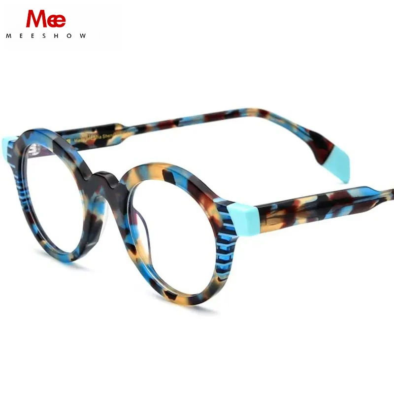 MEESHOW 48mm Men's Retro Glasses Frames Fashion Men Acetate Frame New Round Printing Stitching Color Customized Women Frame