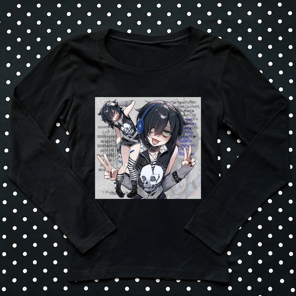 Punk Rock Anime Girl Skull Headphone Graphic Print Women Long Sleeve T‑Shirt Slim Fit Y2K Ladies Tops