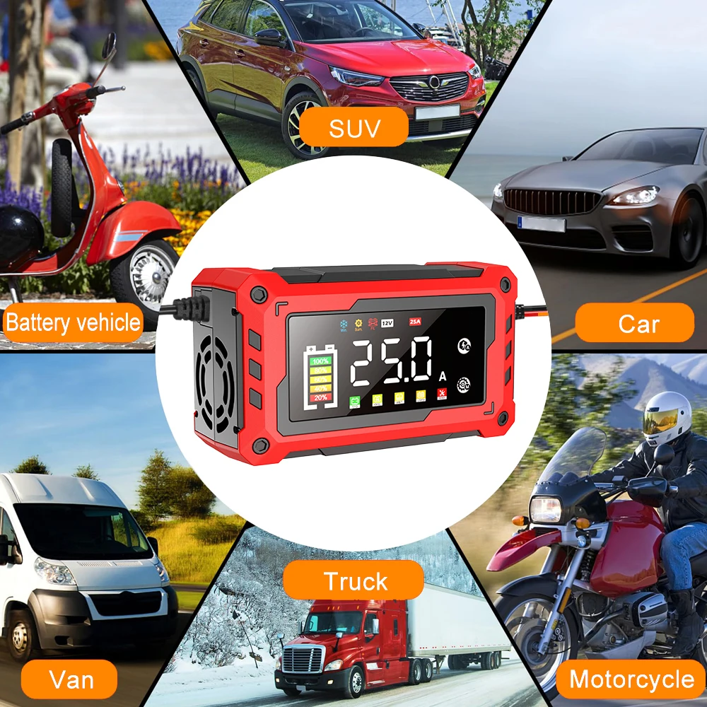 EAFC 12V-24V Car Battery Charger 15A 25A Pulse Repair Large LED Display Smart Charger Battery for Car Motorcycle Old Batteries