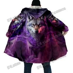 Wintermode Herenmantel Paars Wolf Patroon 3d Overal Bedrukt Dikke Fleece Capuchon Mantel Unisex Casual Warme Cape Jas Dp56