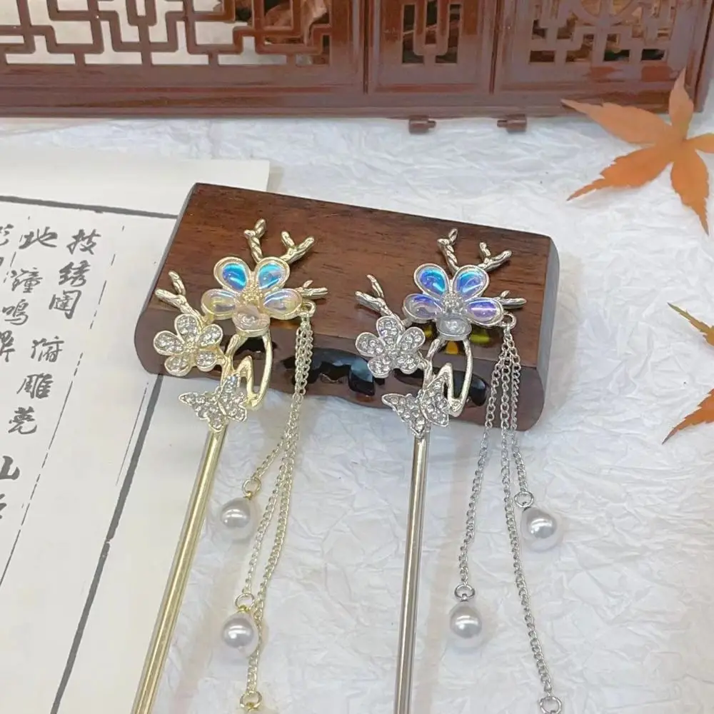 Pearl Tassel Flower Rhinestone Hair Stick Chinese Style Ancient Style Hairstyle Design Tool Alloy Hanfu Headwear