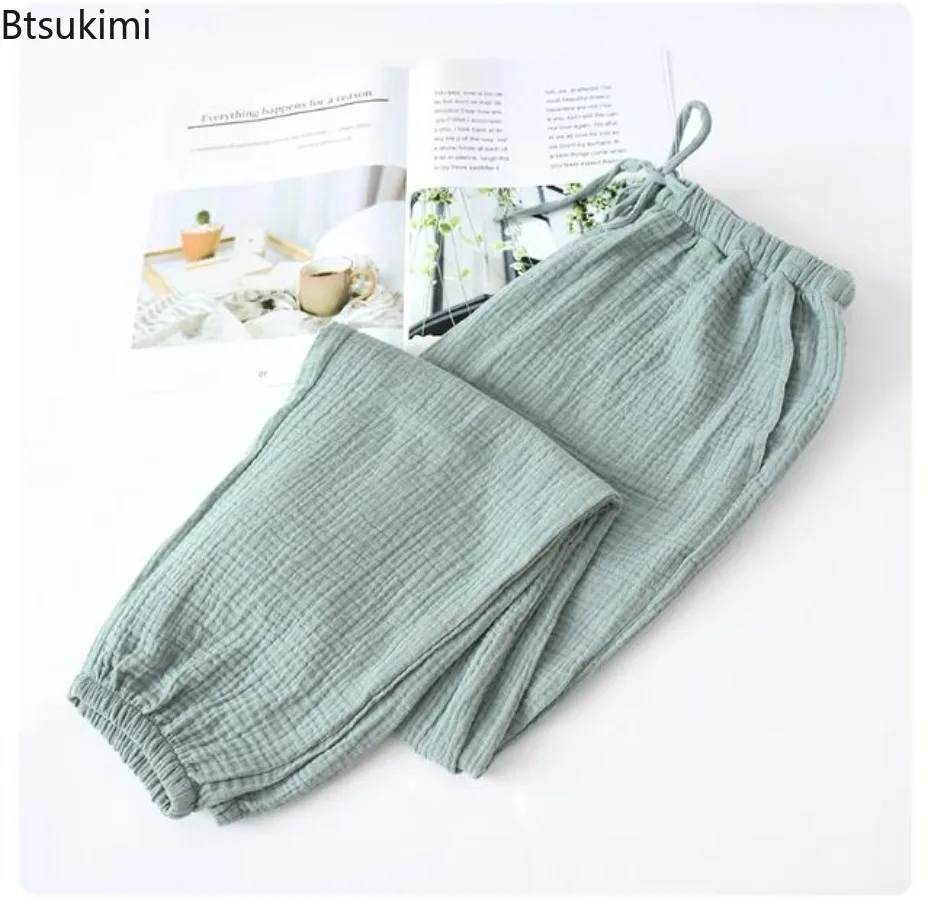 Japanese Style New Men's Pajamas Pants 100% Cotton Crepe Cloth Solid Color Casual Home Trousers Spring Autumn Men Sleep Bottoms