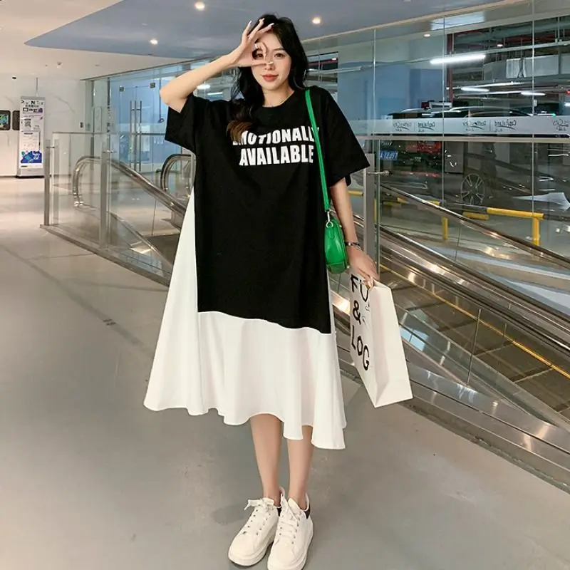 

Summer New Letter Printing Midi Dress Round Neck Short Sleeve Loose Plus Size Casual Dresses Fashion Vintage Women Clothing