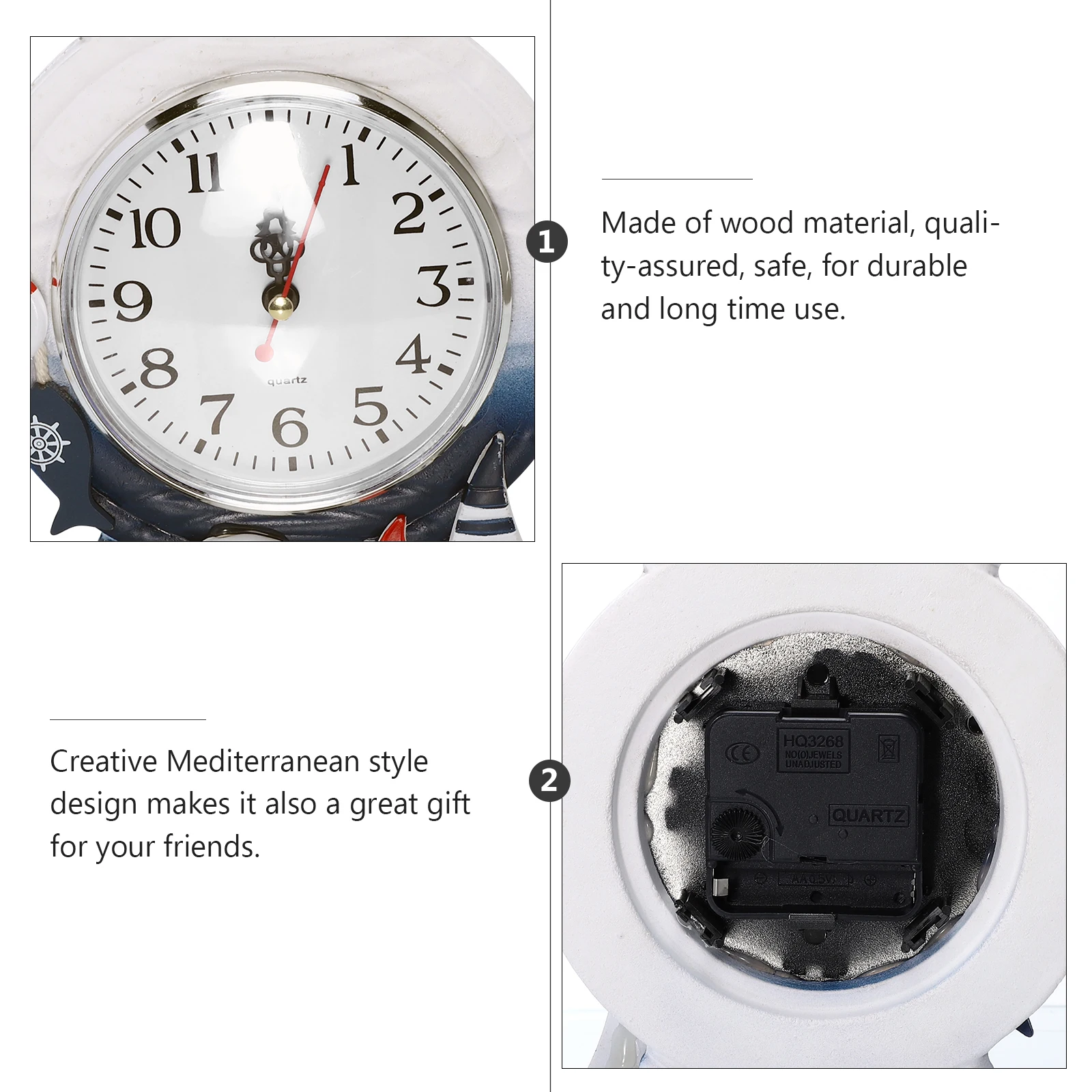 

1pc Creative Mediterranean Wooden Desktop Wooden Desktop Clock Home Decor Rudder Shape Mute Clock Office Decoration