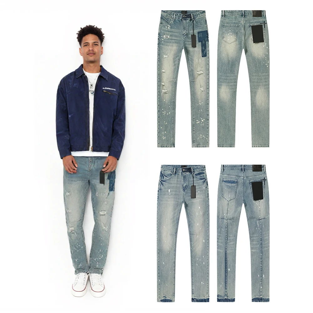 

Уличная одежда, облегающие джинсы с вышивкой в горошек в стиле хип-хоп, хлопковые повседневные рваные джинсы скинни в стиле ретро для мужчин