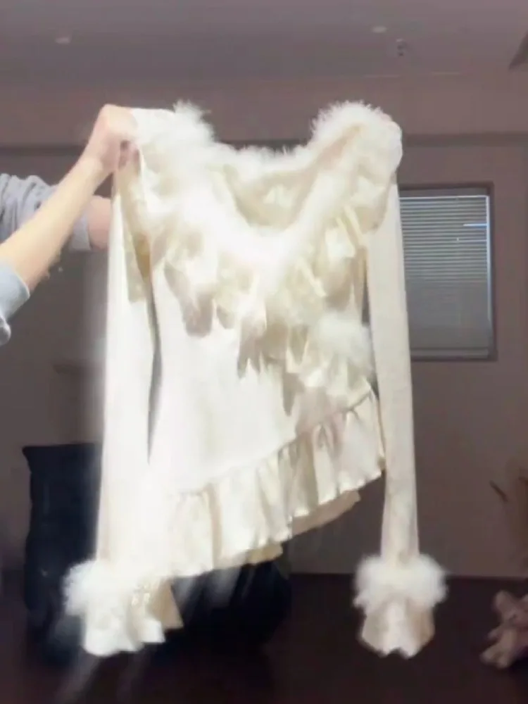 

Элегантные милые кружевные лоскутные топы со рюшами для женщин, осень 2023, новый вязаный пуловер Y2k, облегающие свитера с длинными рукавами Mujer