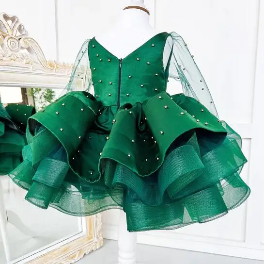 Glitter Pearls Flower Girl Dress Emerald Satin Organza Princess Puffy Girl Birthday Gown Christmas Dress Sparkly Kid's Gown