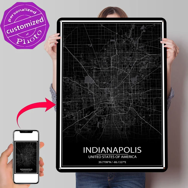 Indianapolis Black Map Personalized 3D Textured Metal Poster Wall Art Tinplate Sign for Luxury Decoration Home Decor Room House