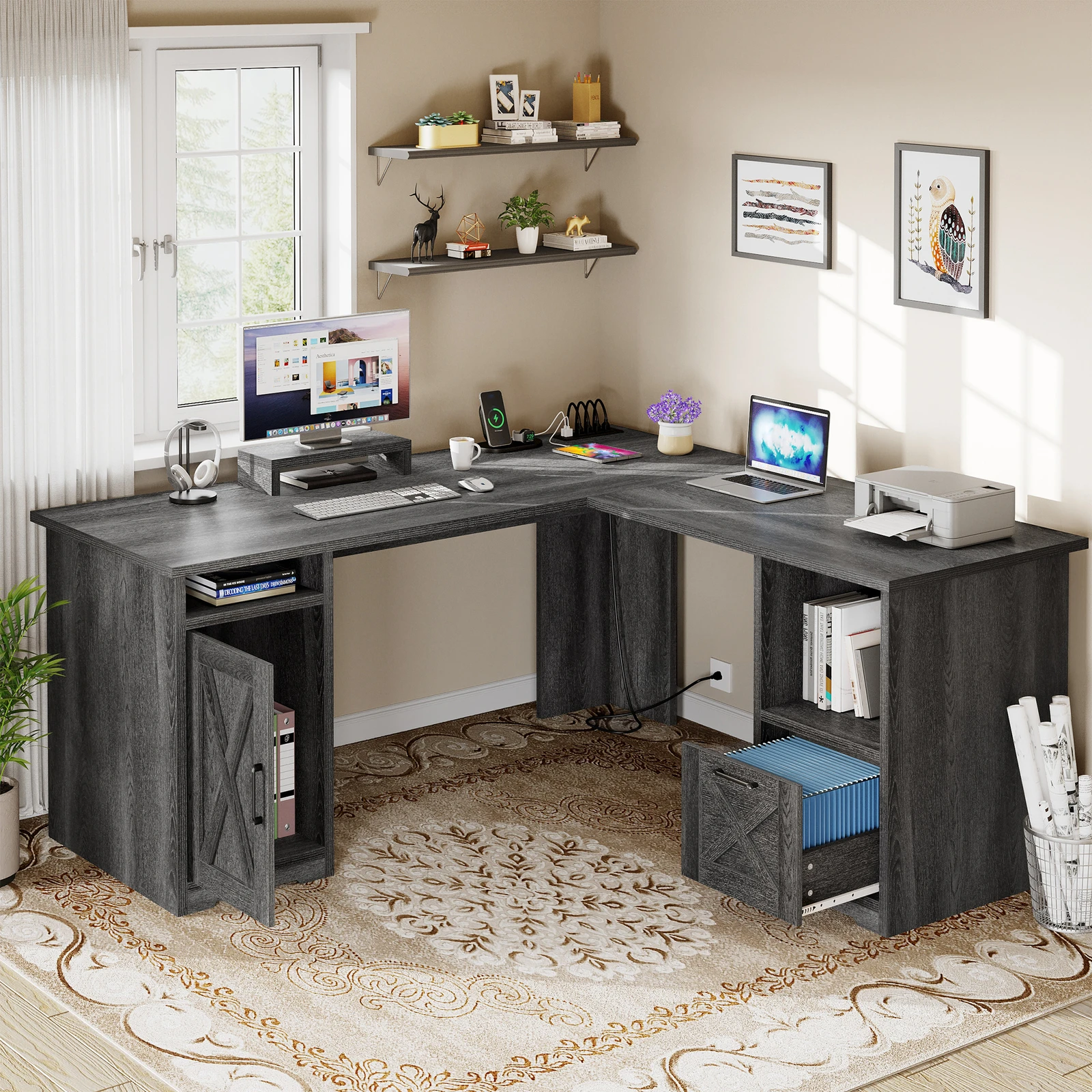 

60" L Shaped Gaming Desk File Drawer Corner PC Laptop Computer Table Workstation