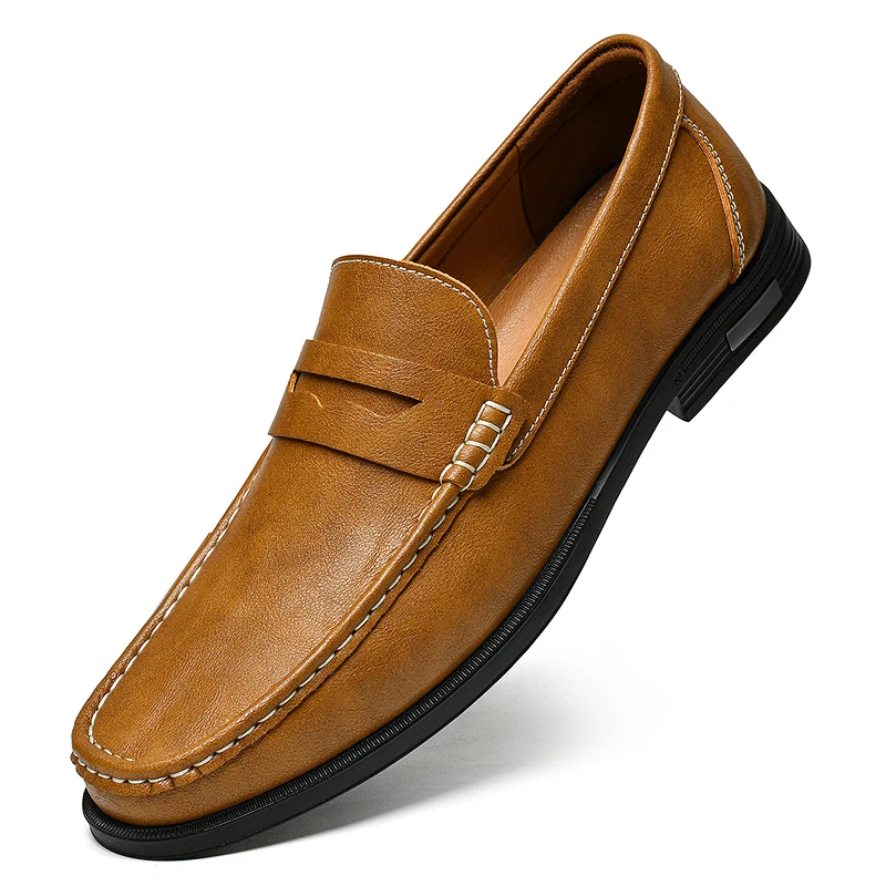 Men's Casual Slip-On Shoes Soft Bottom Leather Hollow Out Design Flat Bottom Business Flat Shoes Breathable Wear-Resistant