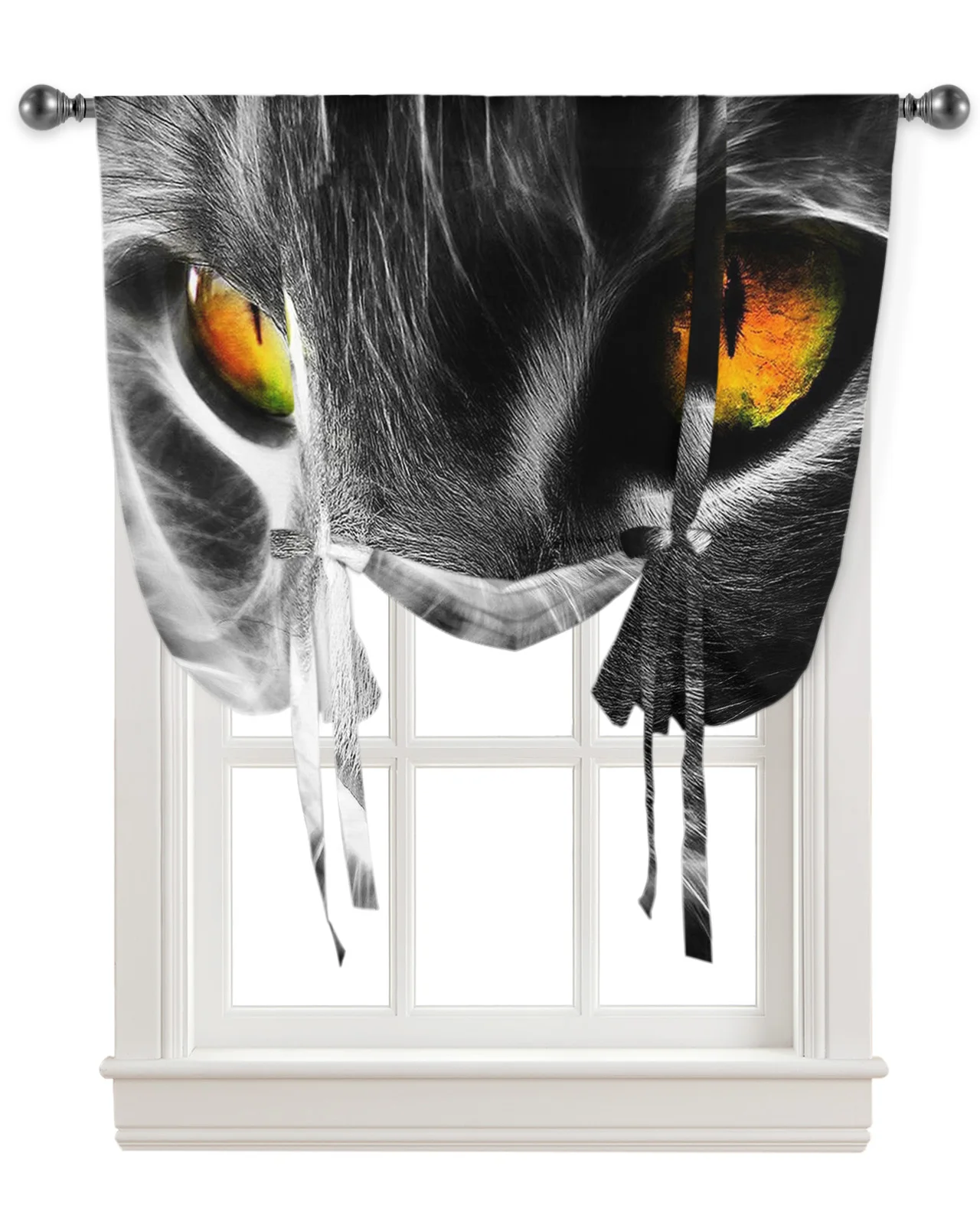 Black Cat Head Kitchen Short Window Curtain Rod Pocket Curtains Home Textile Roman Tie Up Curtains Bedroom Small Window Decor