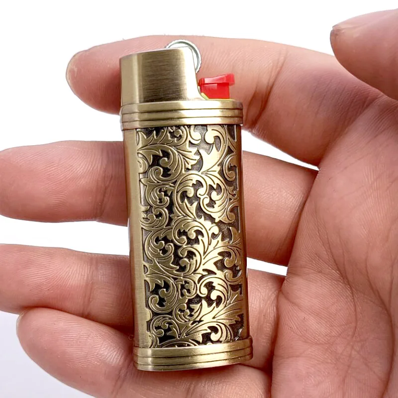 Vintage Arabesque Bic J5 Lighter Case Metal Armor 60mm BIC Lighters Cover Metal Case Plastic Lighter Protection Case