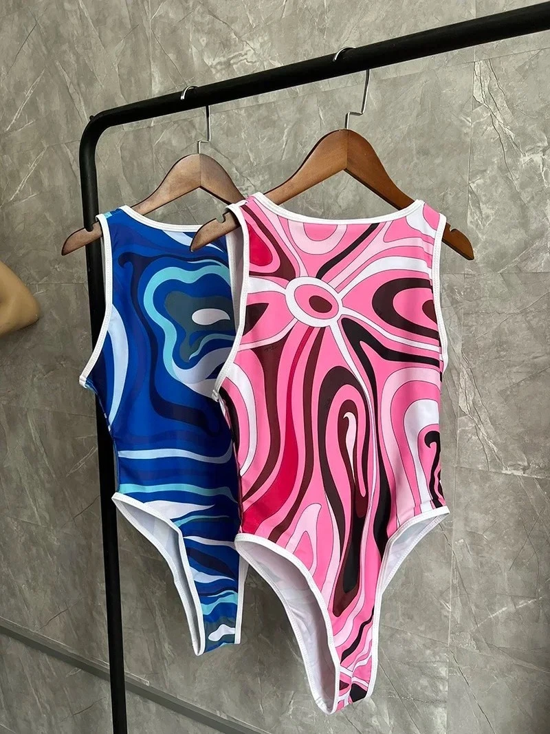 

2024 роскошный брендовый женский цельный синий розовый женский модный пикантный пляжный комплект бикини в европейском и американском стиле