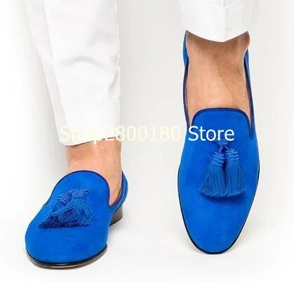 Blue Yellow Burgundy Suede Solid Color Round Toe Tassel Slip On Loafers Men Run Way Outdoor Low Top Fringe Flat Casual Shoes