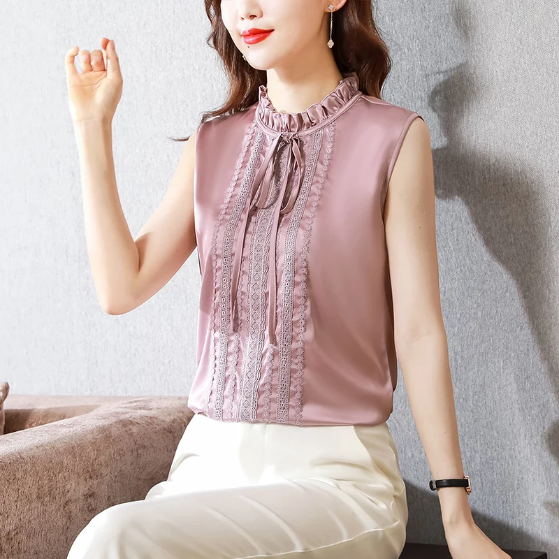 Women Clothing Fashion Elegant Lace Chiffon Blouse Summer Sleeveless O-neck Solid Color Pullover Stylish All-match Patchwork Top