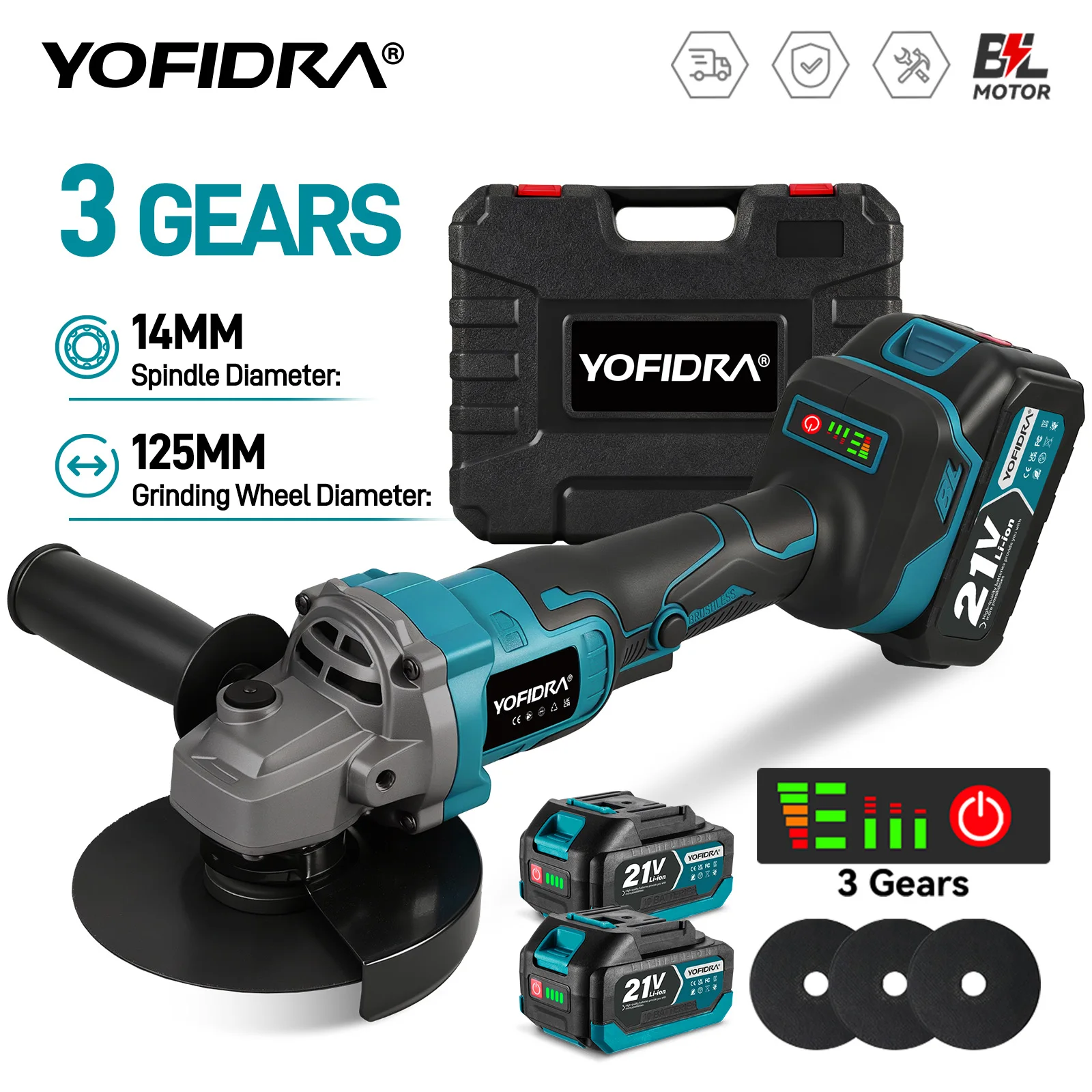 YOFIDRA 125 mm bürstenloser elektrischer Winkelschleifer mit variabler Geschwindigkeit, M14-Schneidemaschine, Holzbearbeitungswerkzeug für Makita 18 V Batterie-Pin