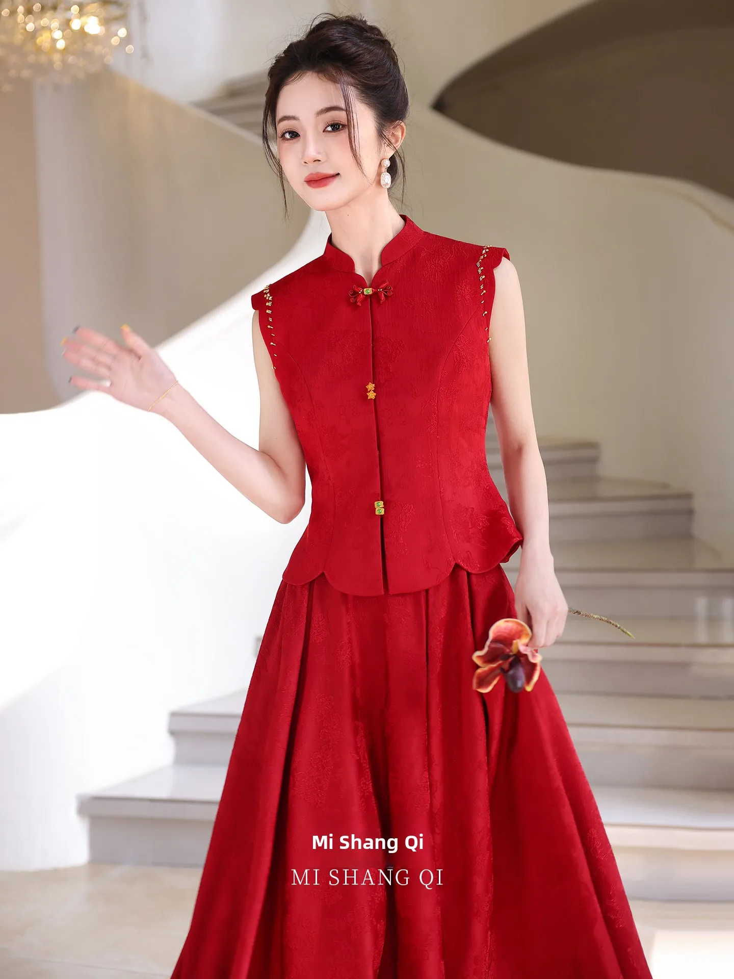 

Красное свадебное платье в китайском стиле средней длины без рукавов с воротником-стойкой, женское платье в винтажном стиле для помолвки и банкета