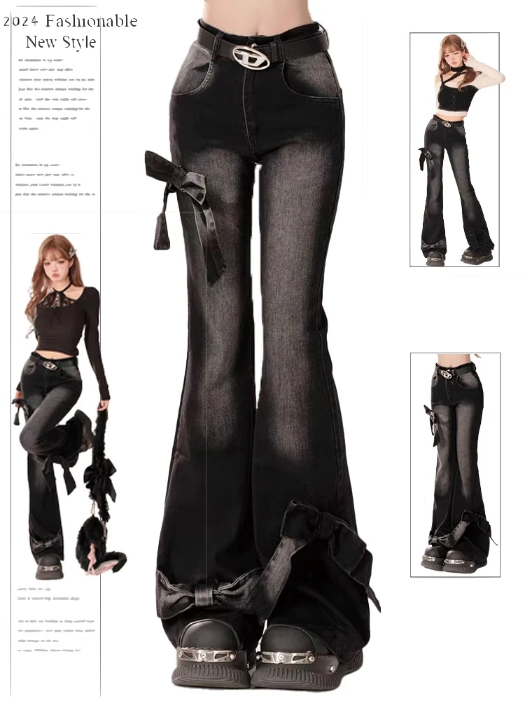 American Style Vintage Bow Denim Flare Pants Women Spring Autumn High Waist Slim Straight Jeans Fashion Trend Long Pants