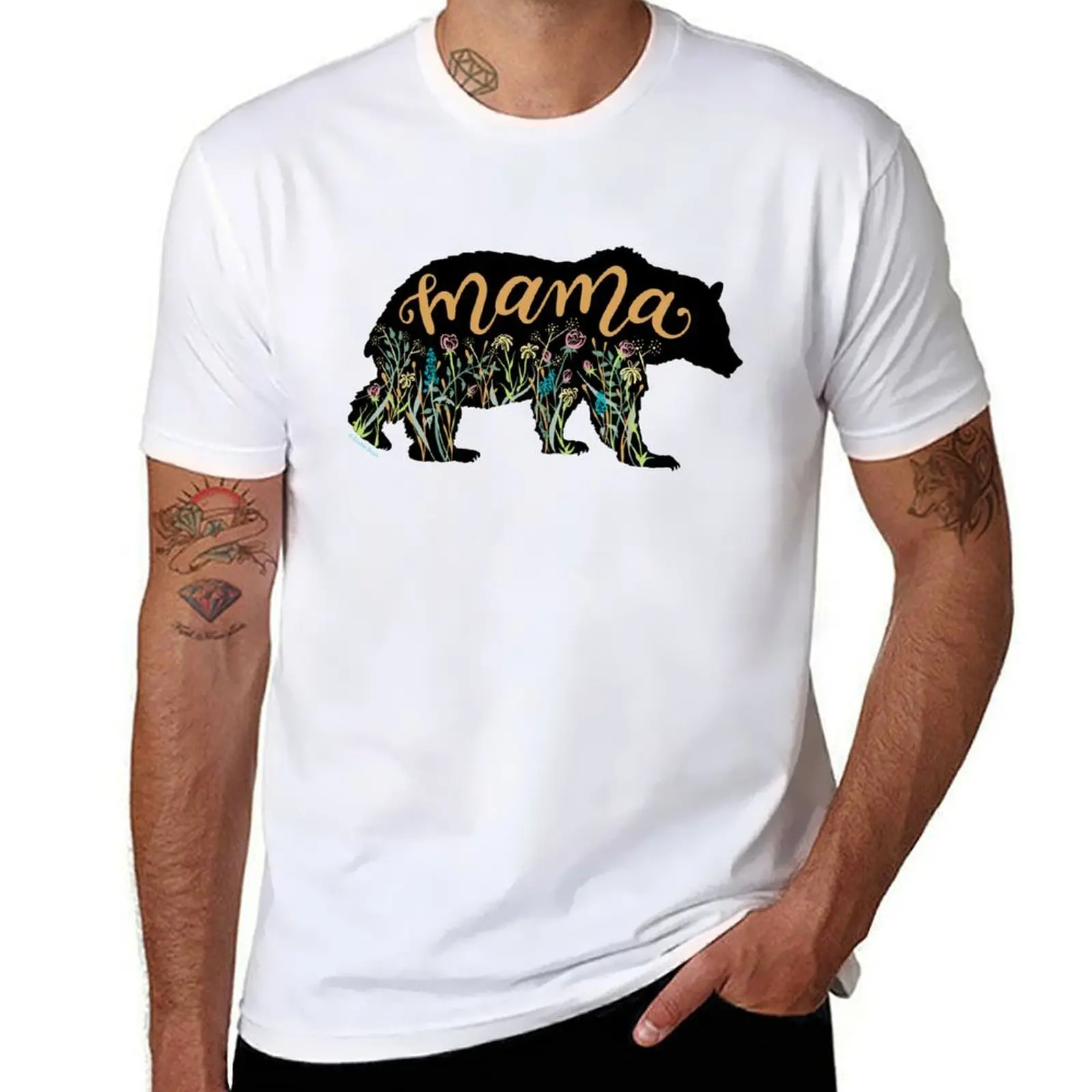 

Mama Bear with Wildflowers Hand Lettered Illustration T-Shirt t shirts for man graphic funny t shirt man cotton T-Shirt