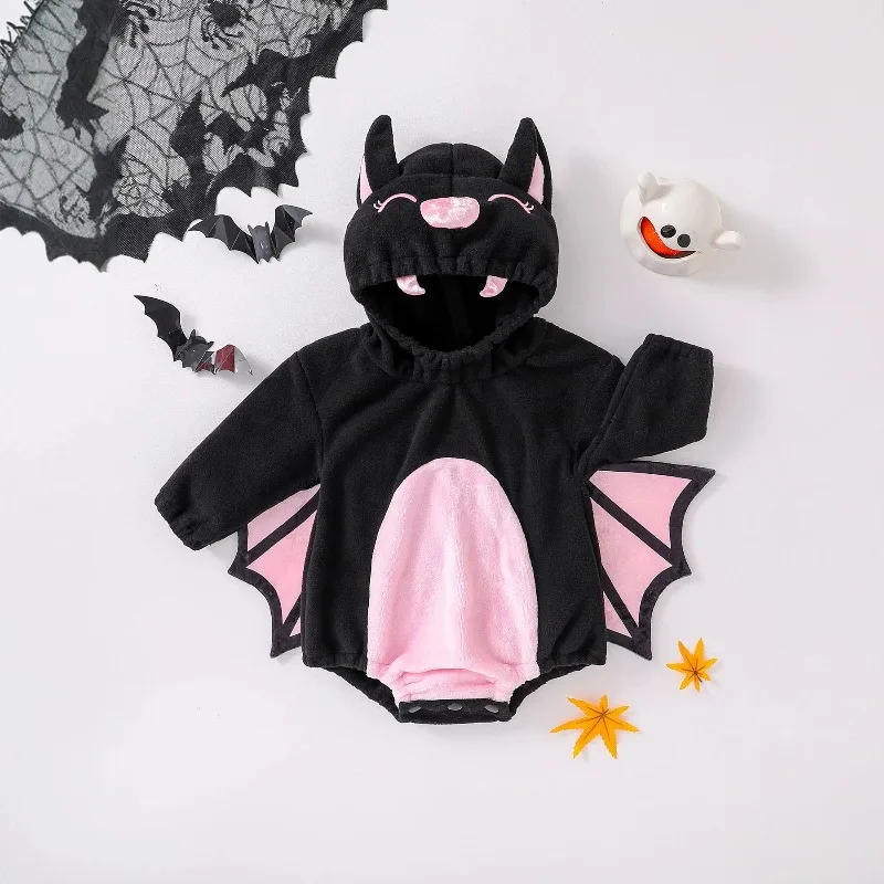 Newborn Baby Black Pink Bat Romper Hooded Bodysuit Halloween Costume Jumpsuit Onesie Toddler Warm Fleece Plush Winter Playsuit