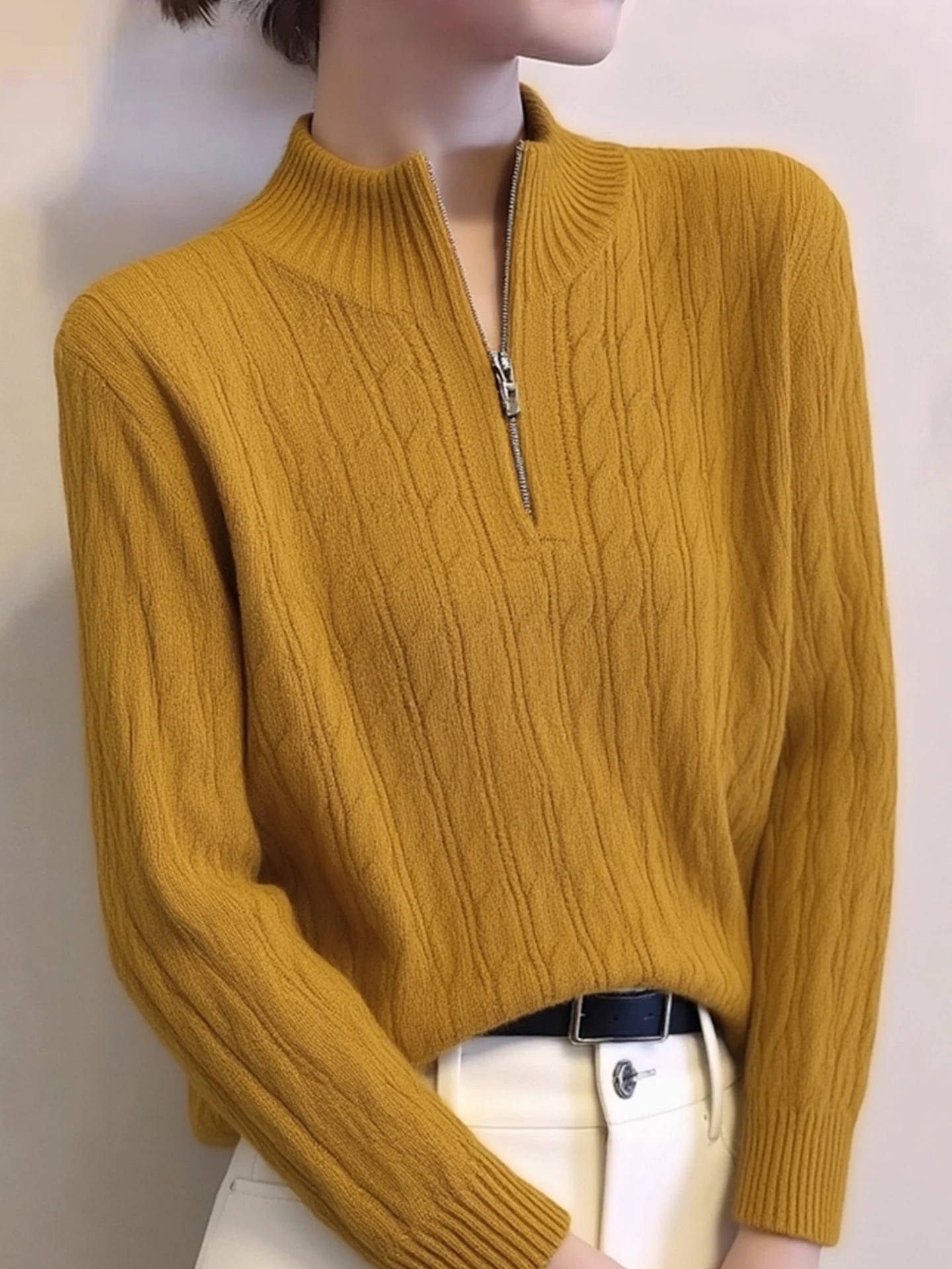 เสื้อไหมพรมถักแบบมีซิป แขนยาว สีสันหลากหลาย สไตล์เกาหลี ทรงตรง เหมาะสำหรับใส่ไปทำงาน