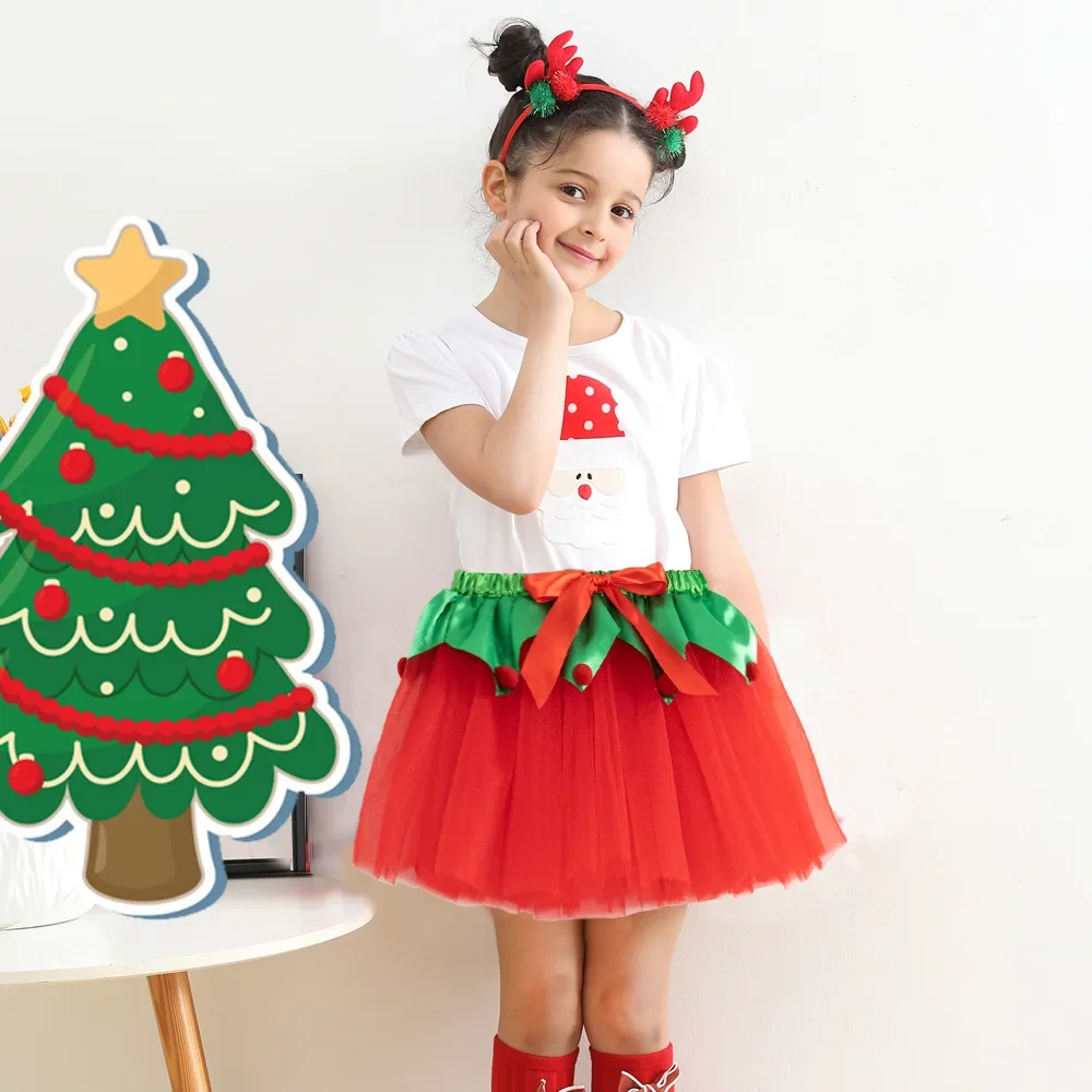 Cute Bow Baby Kids Skirt Red Girl Santa Costume New Year Christmas Girl Red Green Mesh Gauze Short Skirt and Deer Headband Sets