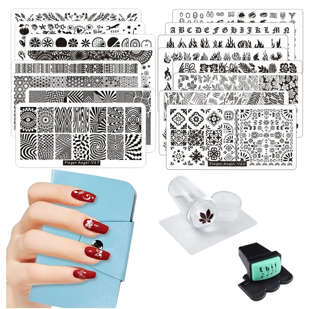 

21Pcs Nail Stamping Plate Set with 16 Designs, 2 Stampers, 2 Scrapers, and Storage Bag for DIY Nail Art