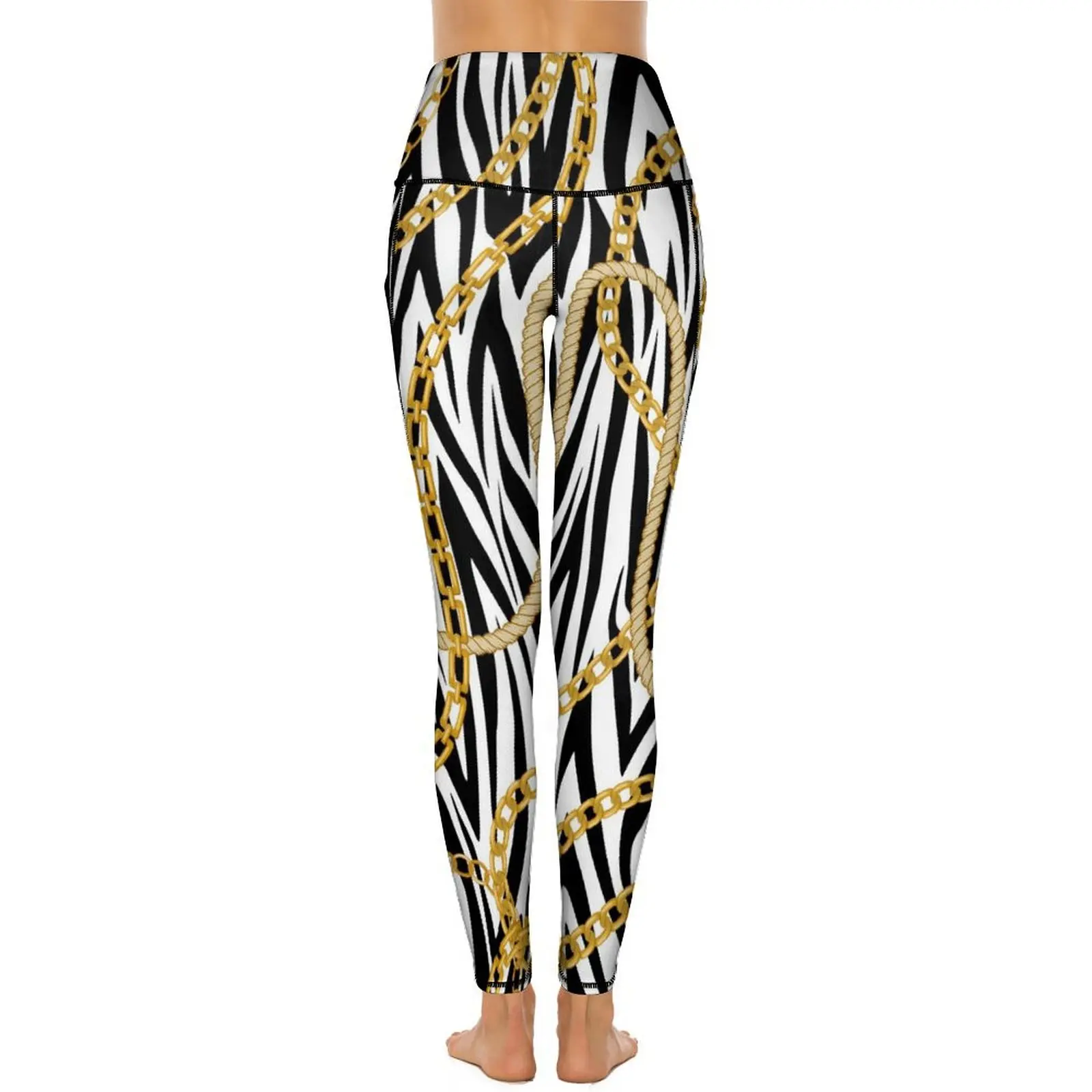 Calças Zebra de cintura alta listrada com bolsos, leggings gráficos de secagem rápida, calças justas esportivas sensuais, correntes douradas, calças kawaii, leggins de ginástica