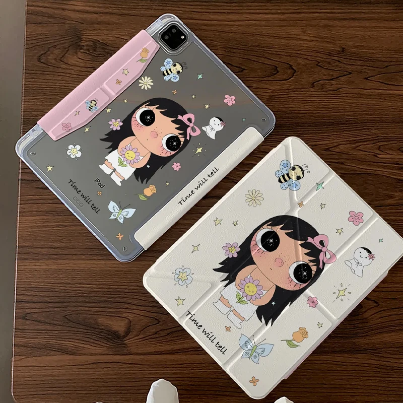 Girl Cartoon 3Y-Fold Tablet Case For iPad pro 10/11/2020/6th/7th /8th /Air 3rd/Air 4th/9th gen/Air 5th Air 11 Magnetic Buckle