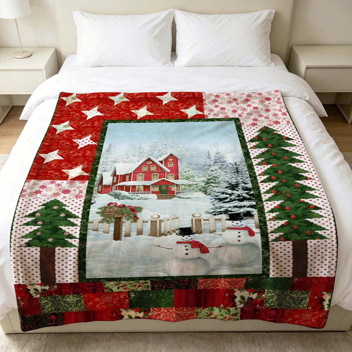 Red House Snowman Quilt Soft Fluffy Flannel Blanket Super Cozy Lightweight Bed Blanket for Halloween Sofa Bed Christmas Decor