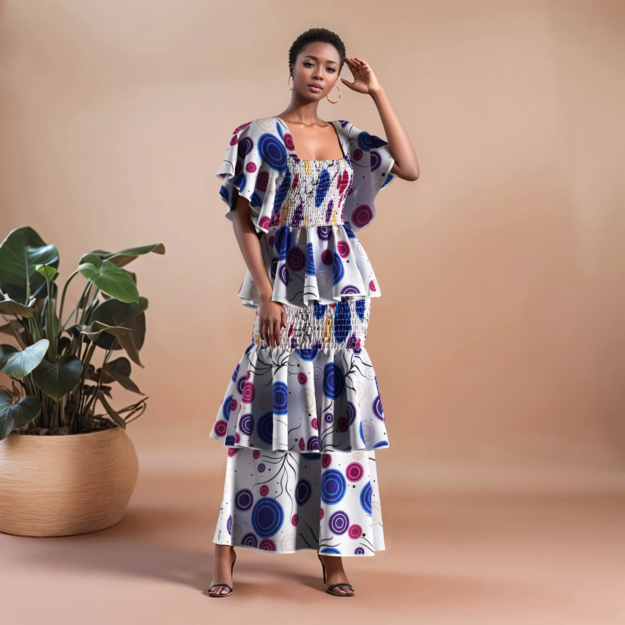

Women's African Print 2 Piece Set Square Neck Top and Long Skirt Elasticity Smocked Outfits Ankara Party Stretch Dress WY2178