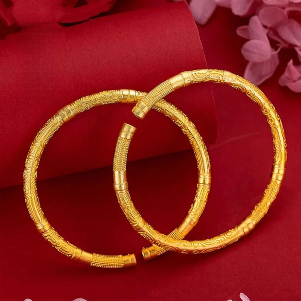 OUYADI Men Women Adjustable 14K Gold Plated Stainless Steel Relief Bangle, Vintage Texture Daily Wear Jewelry Gift