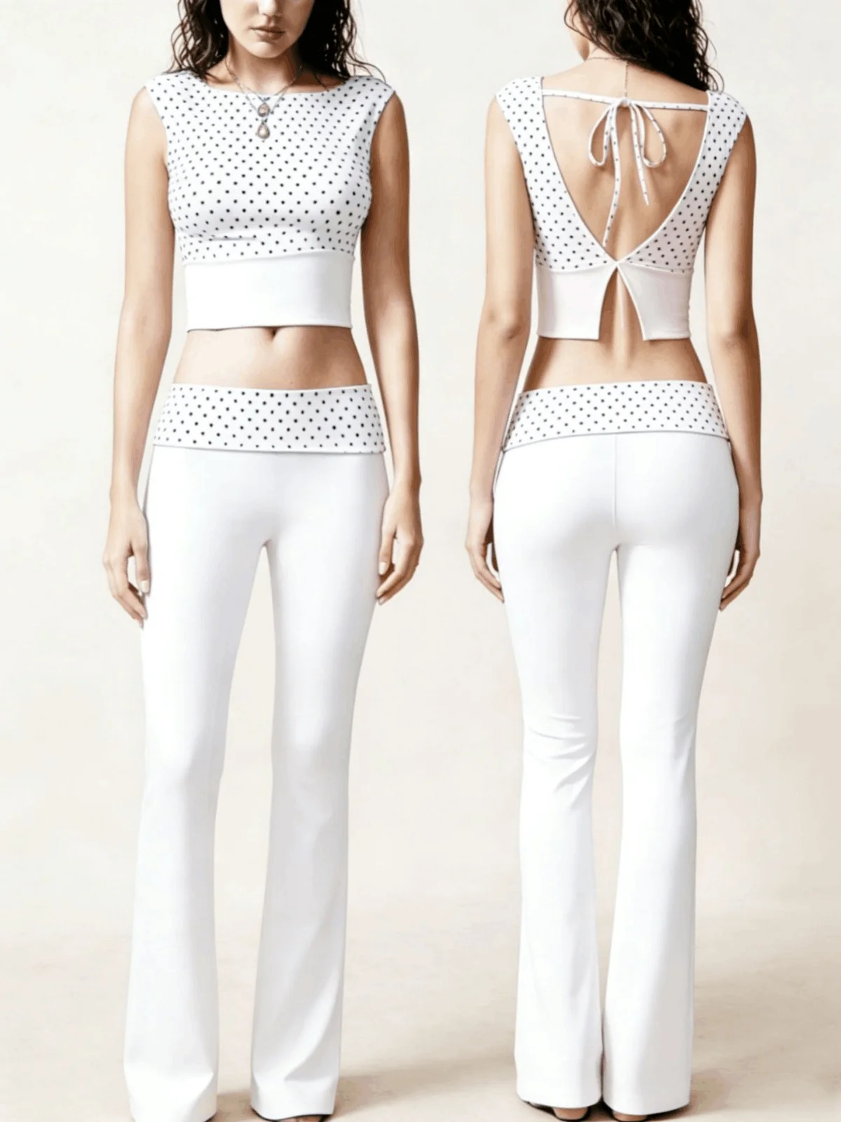 Printed yoga set featuring a large open-back, tie-up, breathable, shockproof sports top and fold-over flare pants for women