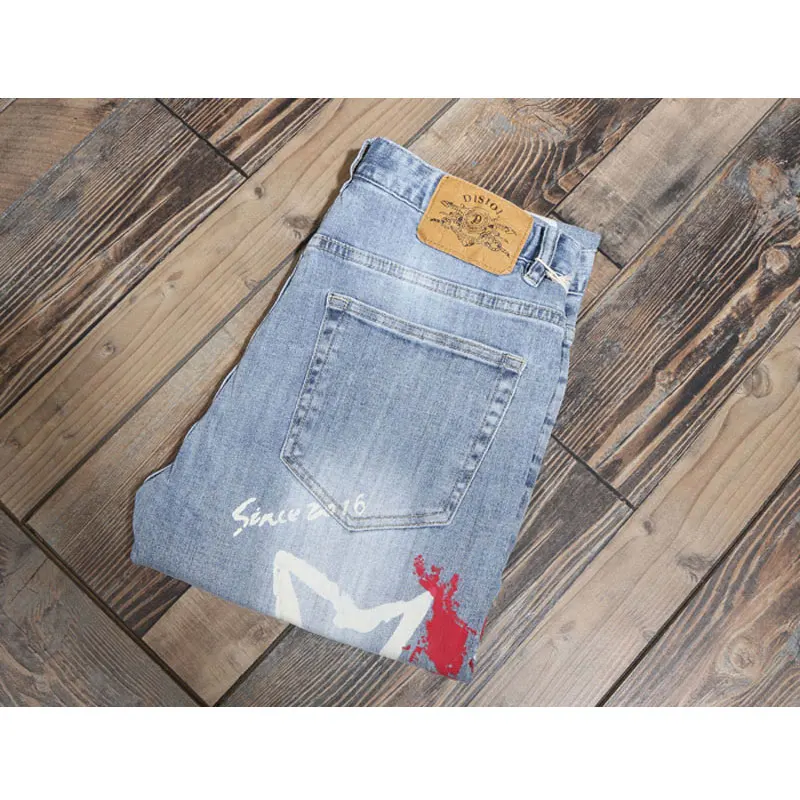 

Italian fashion new letter printed jeans nostalgic stretch slim fit retro light blue jeans high street patchwork pants Y2K