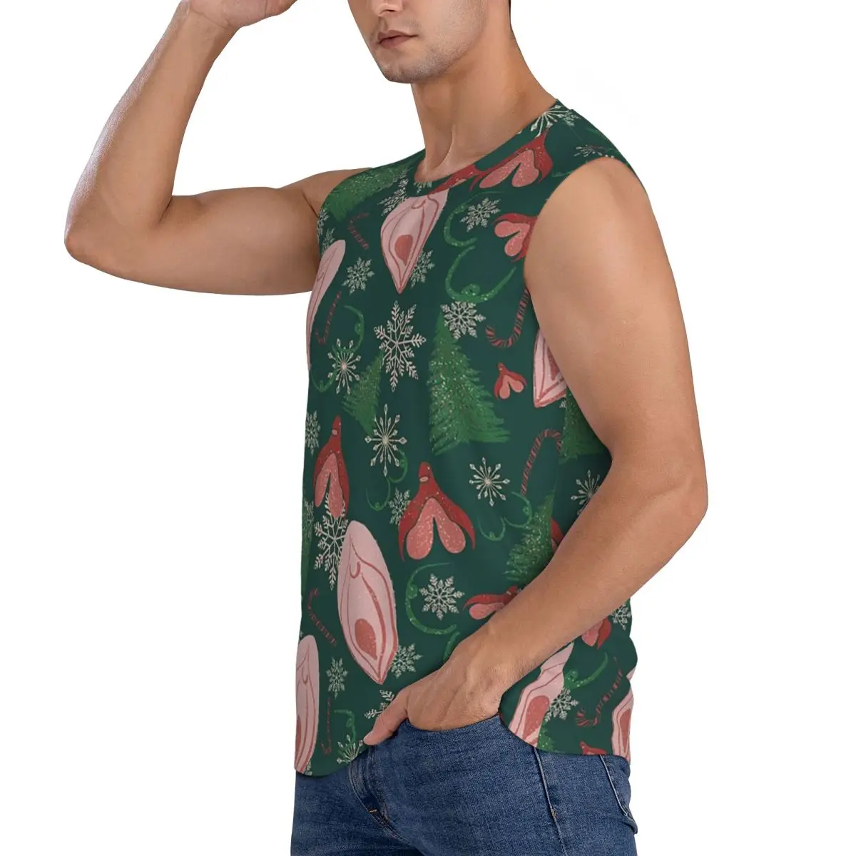 Christmas Vulva Pattern Green Men Sleeveless Tank Tops Quick Dry Breathable Gym Fitness Running Summer Casual Sport Vest