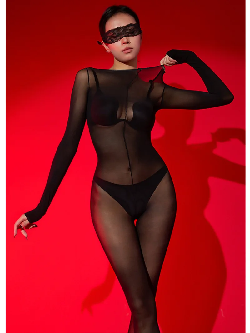 

Aurora SM Jumpsuit Sexy Open Crotch Black Silk Ultra-thin Transparent Shiny Romantic Women Body Suits Fashion Women Tops ZUQ8