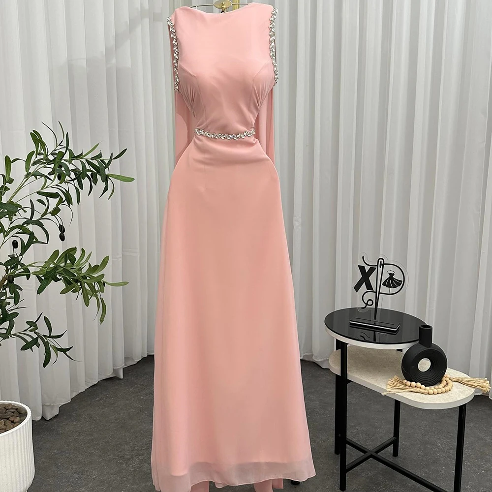 

Customized A-line Evening Dresses Floor-length Scoop-neck Sleeveless Prom Gown Fashion Crystal Button Stole Draped Party Gown