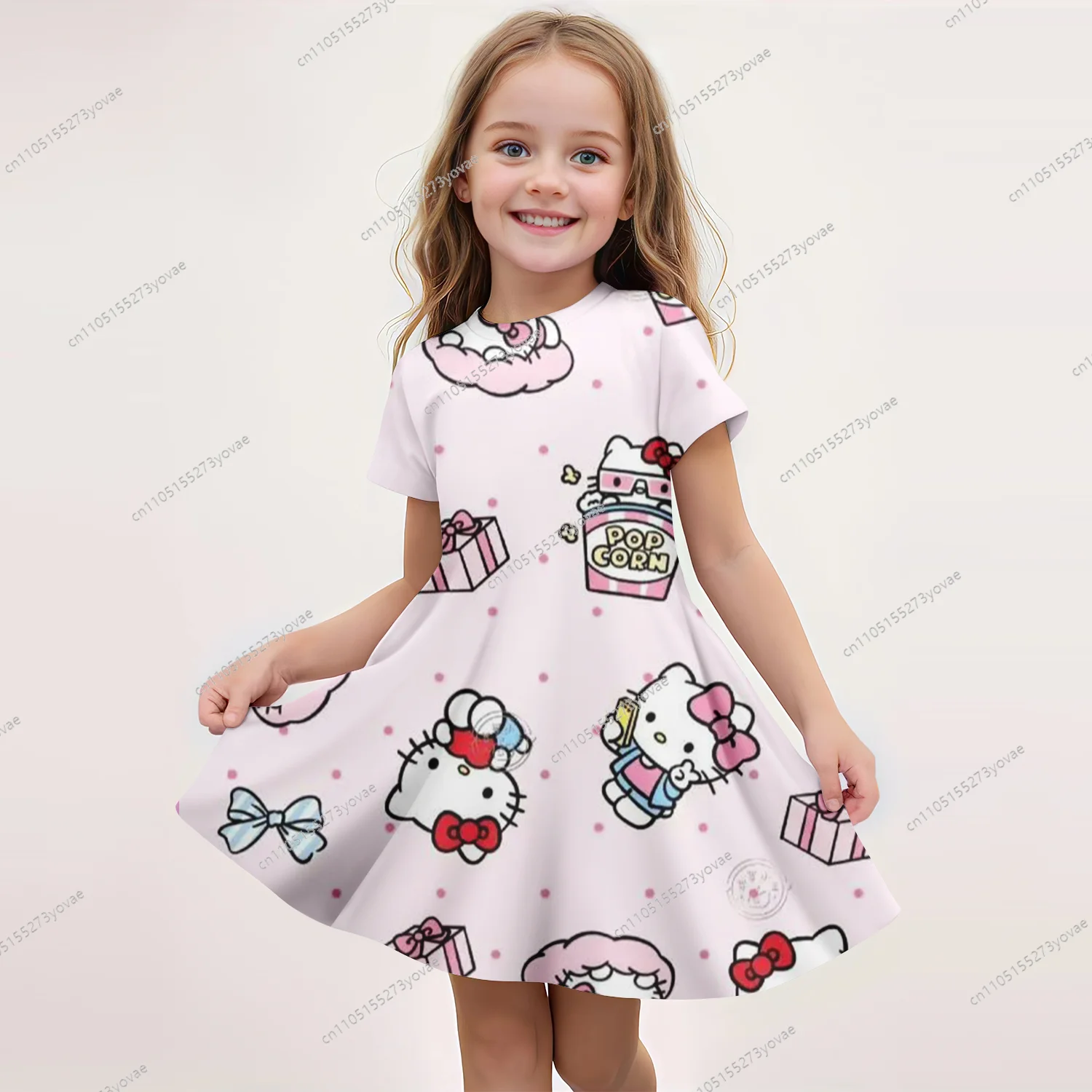 

Children's short-sleeved dress with hello tity 3D cute print, featuring a cute-style design with an excellent look.