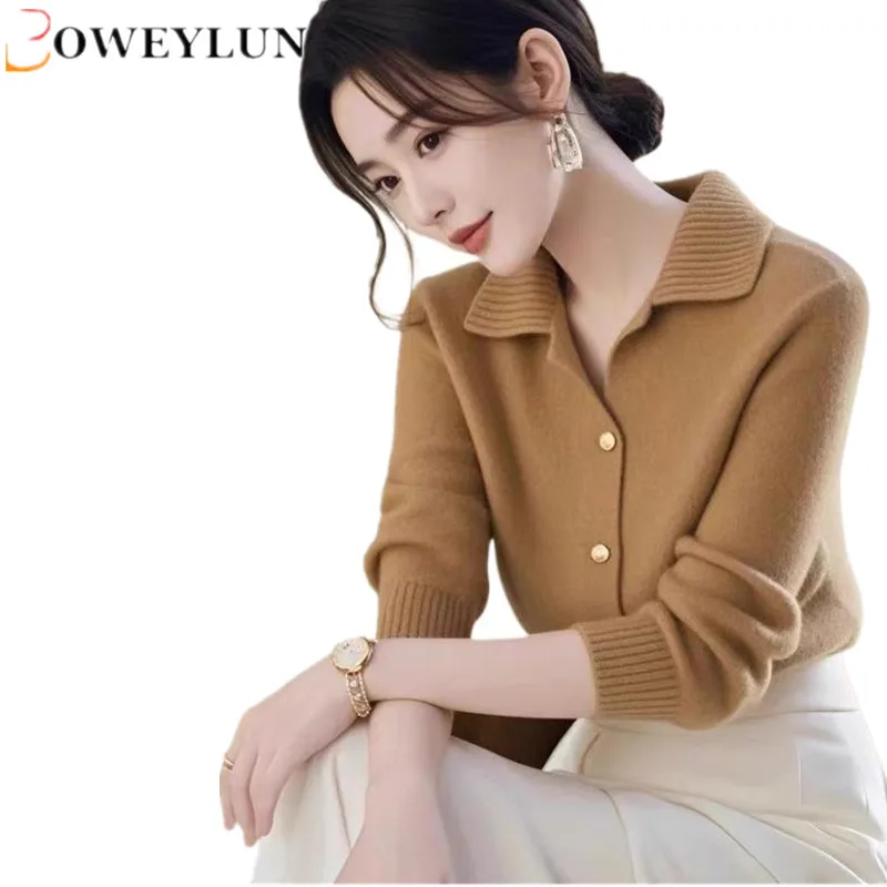 

BOWEYLUN Autumn New Khaki Polo Collar Knit Sweater Tops Women's Fashionable Inner Sweater Cardigan Jacket Female