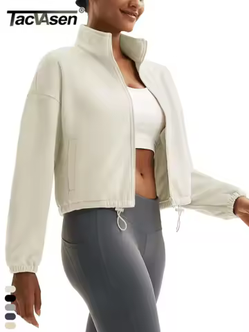 TACVASEN Winter Fleece Cropped Jackets Womens Fashion Stand Collar Casual Outwear Tops Lightweight Warm Outdoor 4 Pockets Coats