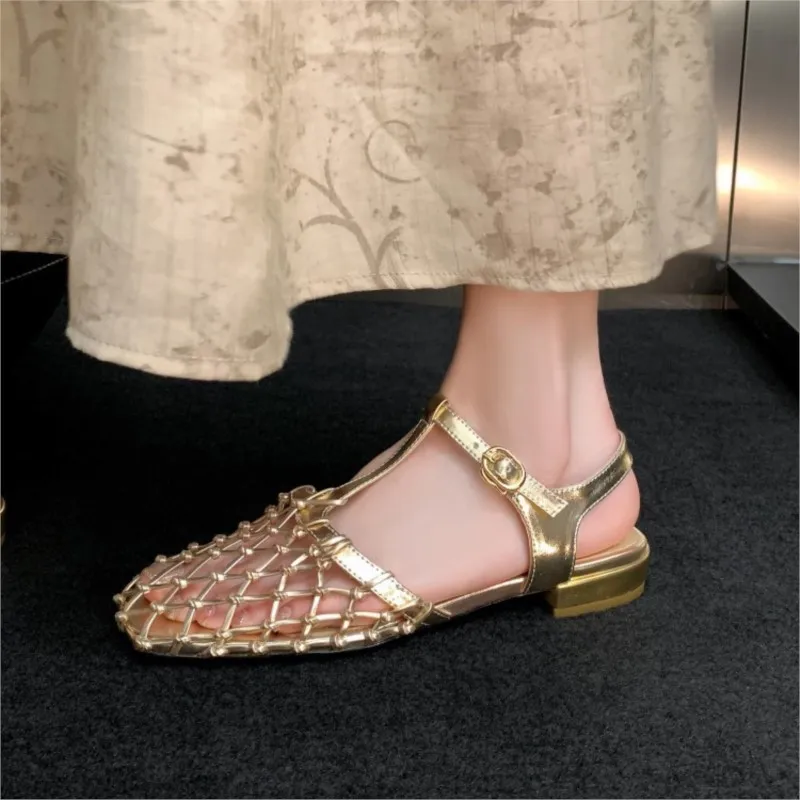 Cowhide Baotou Hollow T-strap Flat Sandals Mary Jane Shoes 2024 New High Quality Female Gold Silver Temperament Sandalias