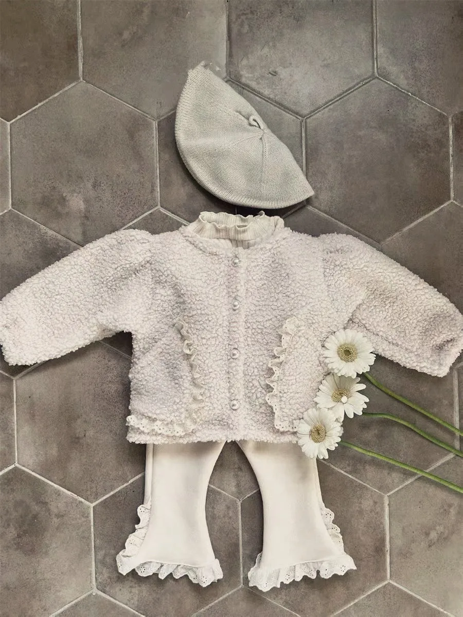 2024 Winter New Baby Girl Long Sleeve Fleece Sweatshirt Plus Velvet Thick Infant Girl Lace Shirts Toddler Warm Sweatshirt