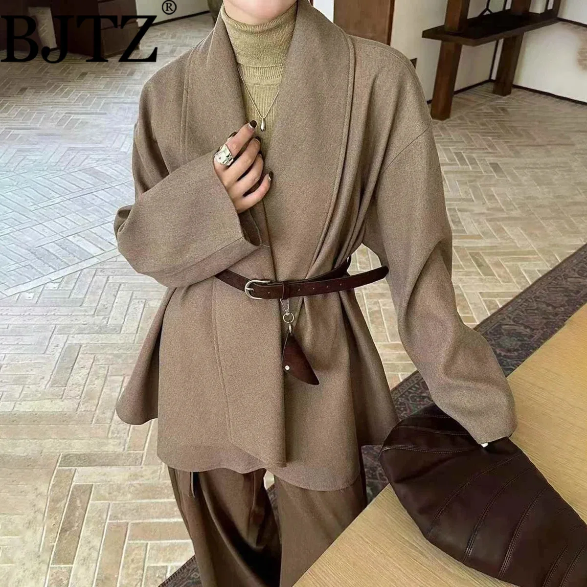 

BJTZ темпераментная элегантная винтажная куртка с поясом и завязкой на талии для женщин, осень-зима 202, новая тенденция, свободная шикарная роскошная верхняя одежда