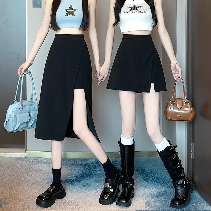 Black Irregular Split Skort Women Spring Summer High Waist A-line Slim Hips Wrap Mid-length Anti-exposure Casual Skirt for Petit