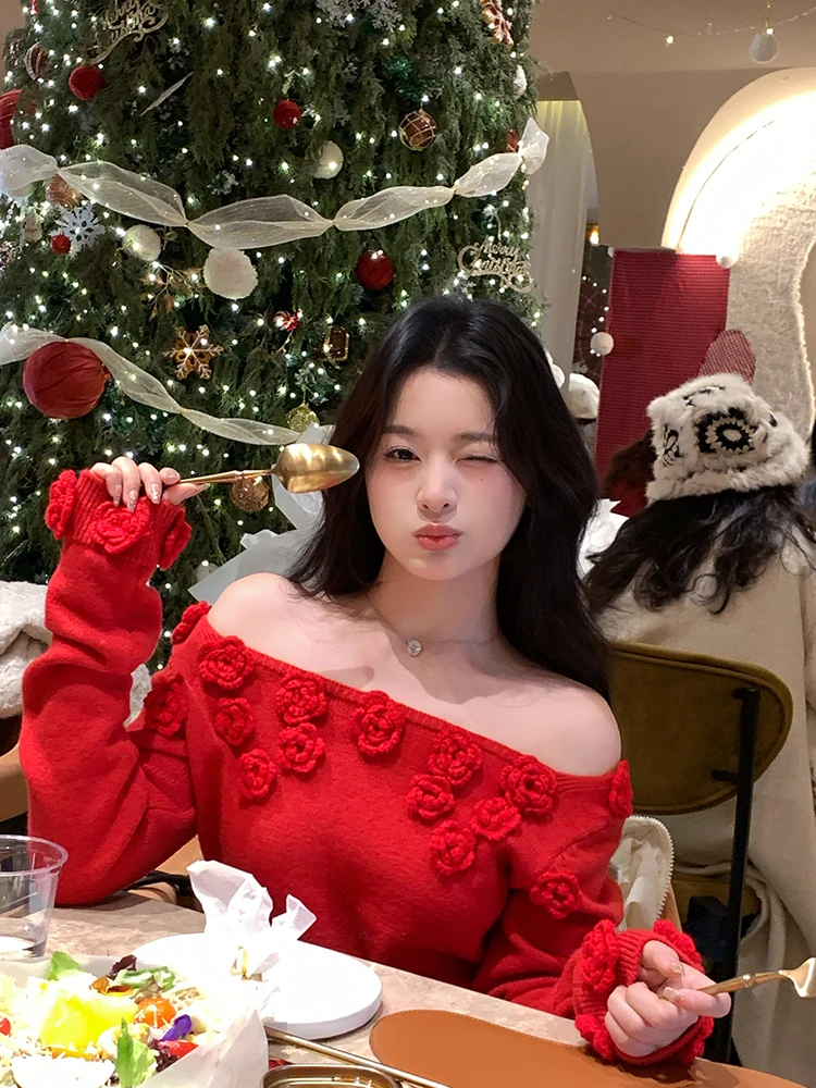 

Retro Cisas New Year Aosphere Long Sve oulder Bared Knitted Sweater for Women Spring Autumn Season Commute Sle