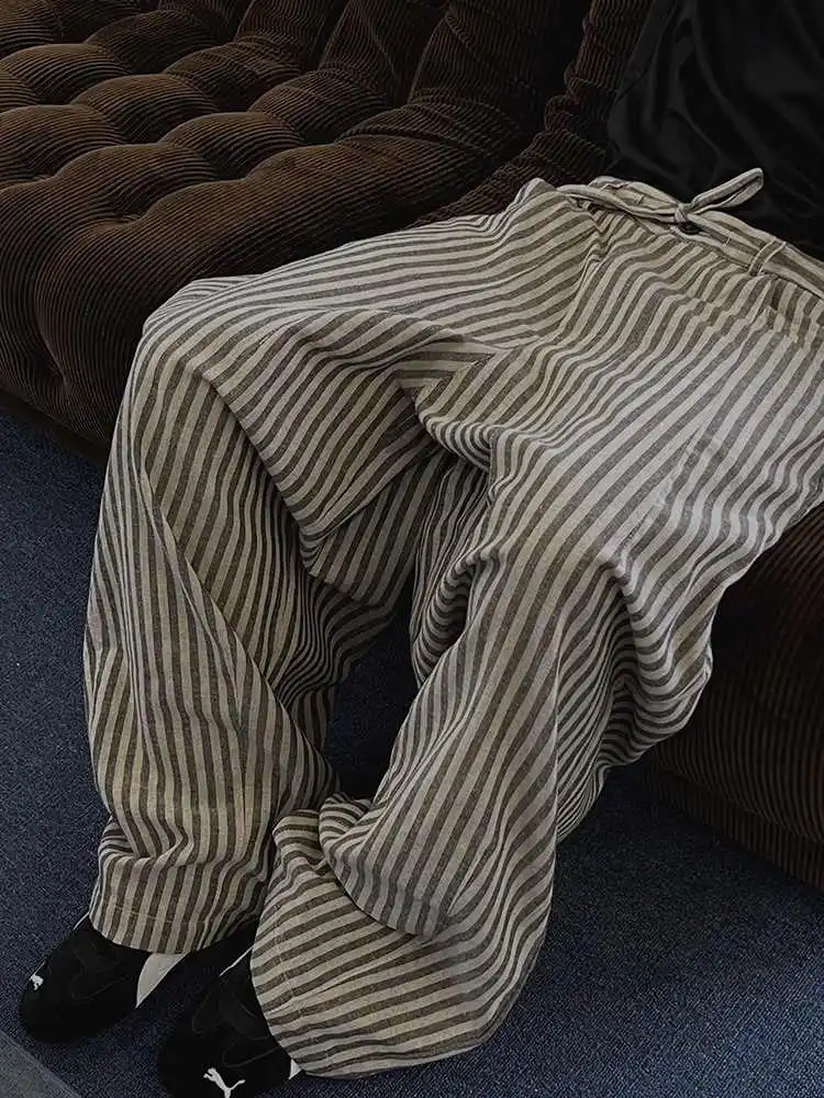 

Retro Japanese Sle Loose Fit Striped Casual Pants ex Straight Leg Floor-Length Trousers Spring Autumn Faion Brand