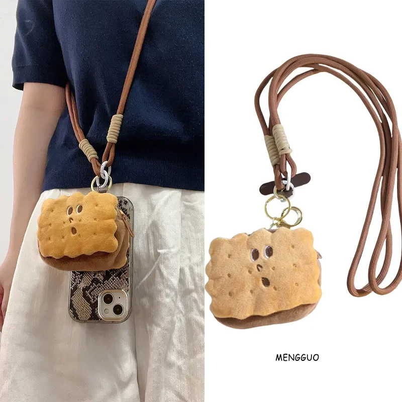 

Adorable Pancake Phone Strap with Long Plush Toy Clip Adjustable Woven Crossbody Necklace Keychain Decorative Accessory for Girl