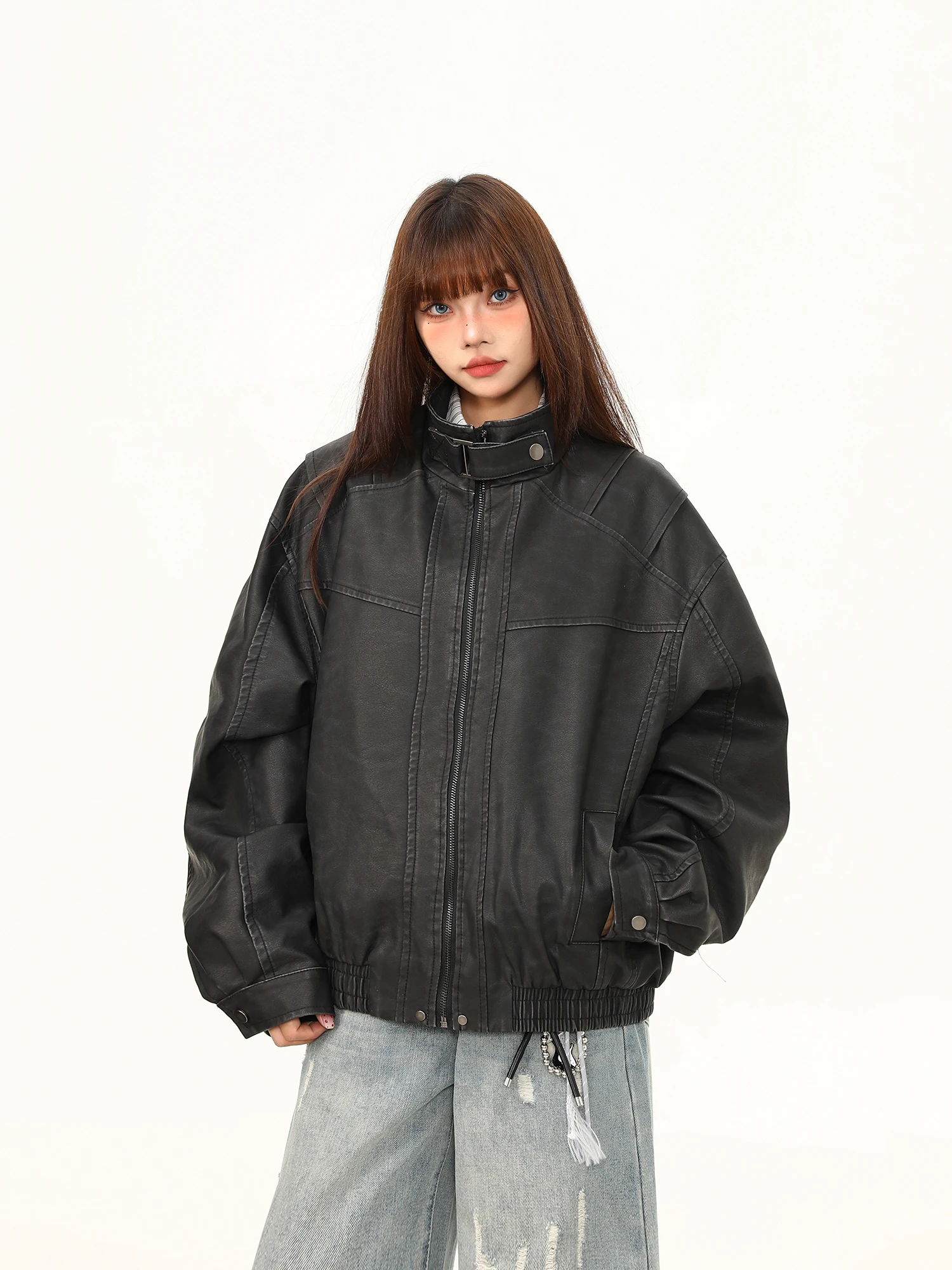 와일드 아지 아메리칸 스트릿웨어 스타일 믹스젠더 PU 레더 재킷 헤비웨이트 디컨스트럭티드 패치워크 모터사이클 아우터웨어